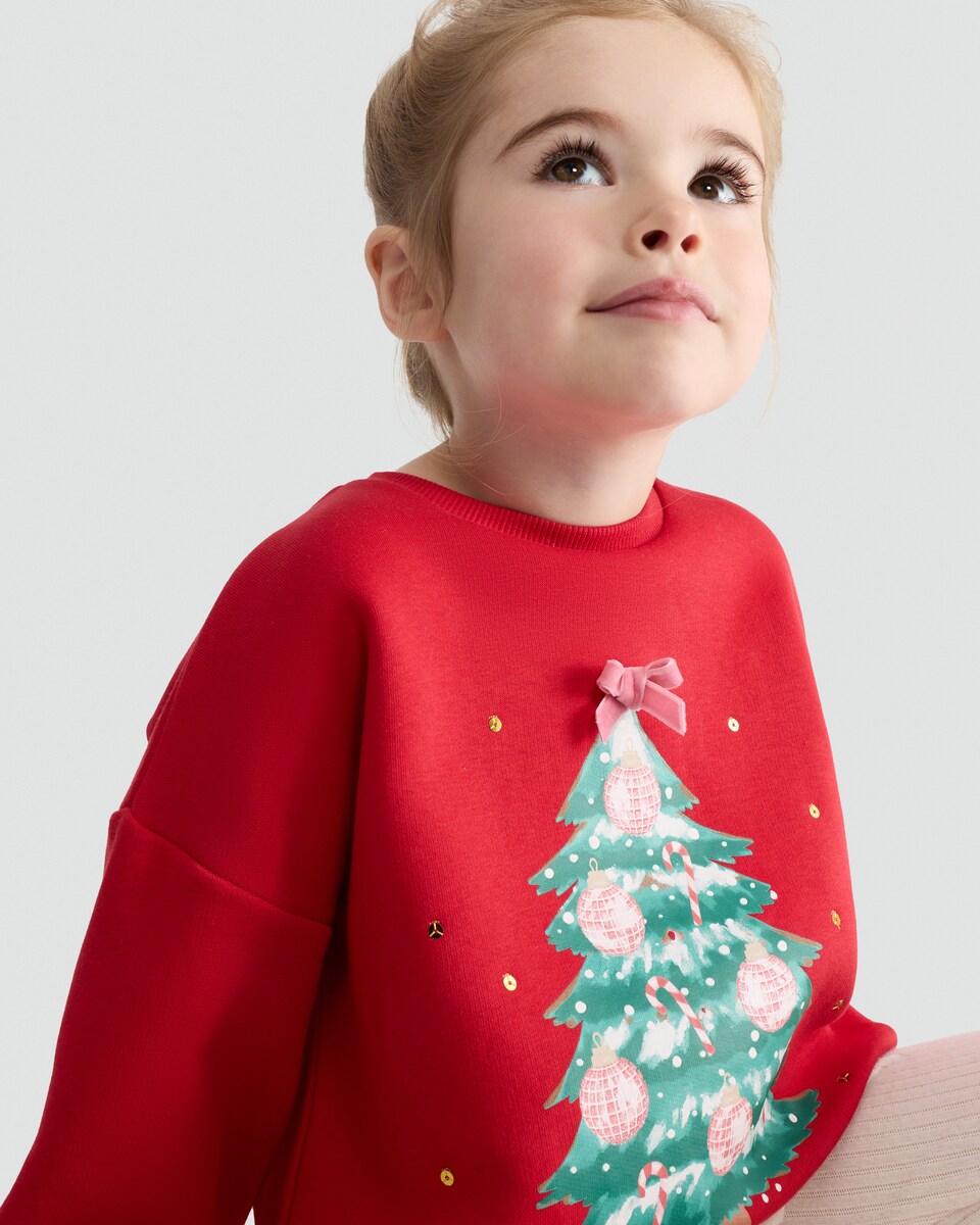 image 1 of F&F Girls Cotton Rich Christmas Tree Sweatshirt in Red