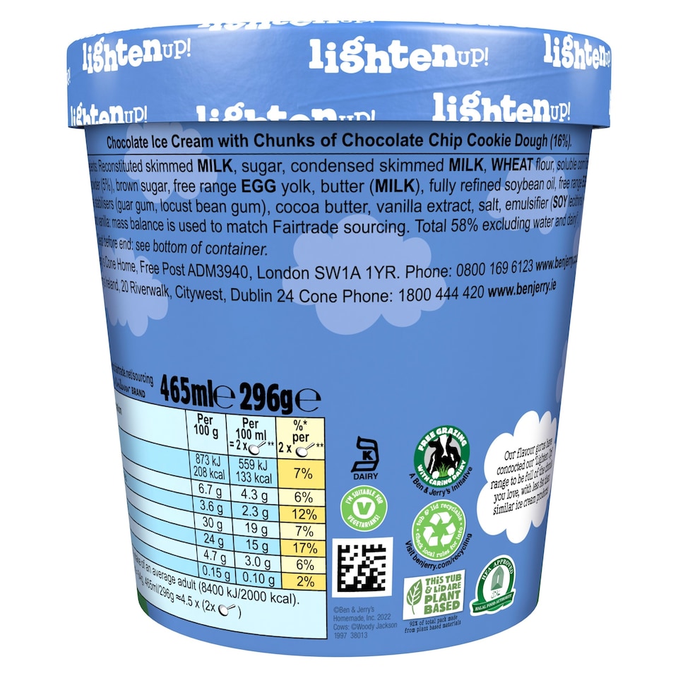 image 1 of Ben & Jerry's Lighten Up Chocolate Cookie Dough Ice Cream Tub 465ml