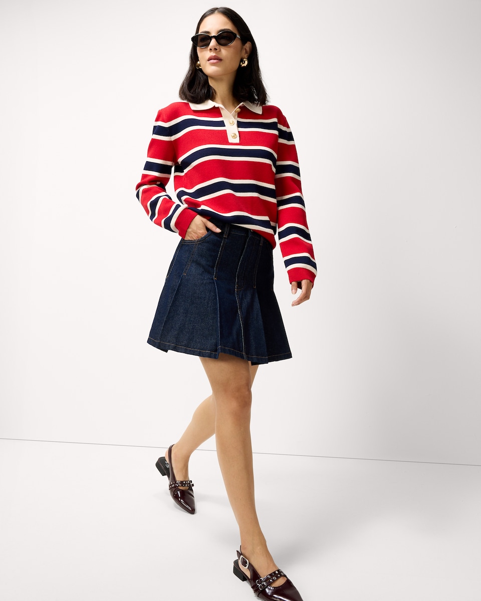 image 1 of F&F Pure Cotton Pleated Denim Mini Skirt in Navy