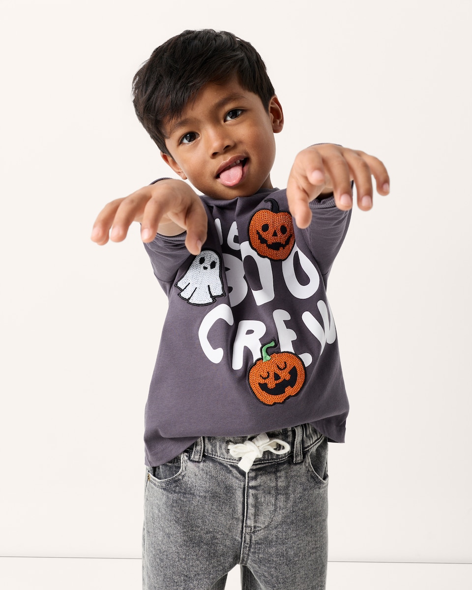 image 1 of F&F Boys Pure Cotton Boo Crew Halloween Print Top in Grey