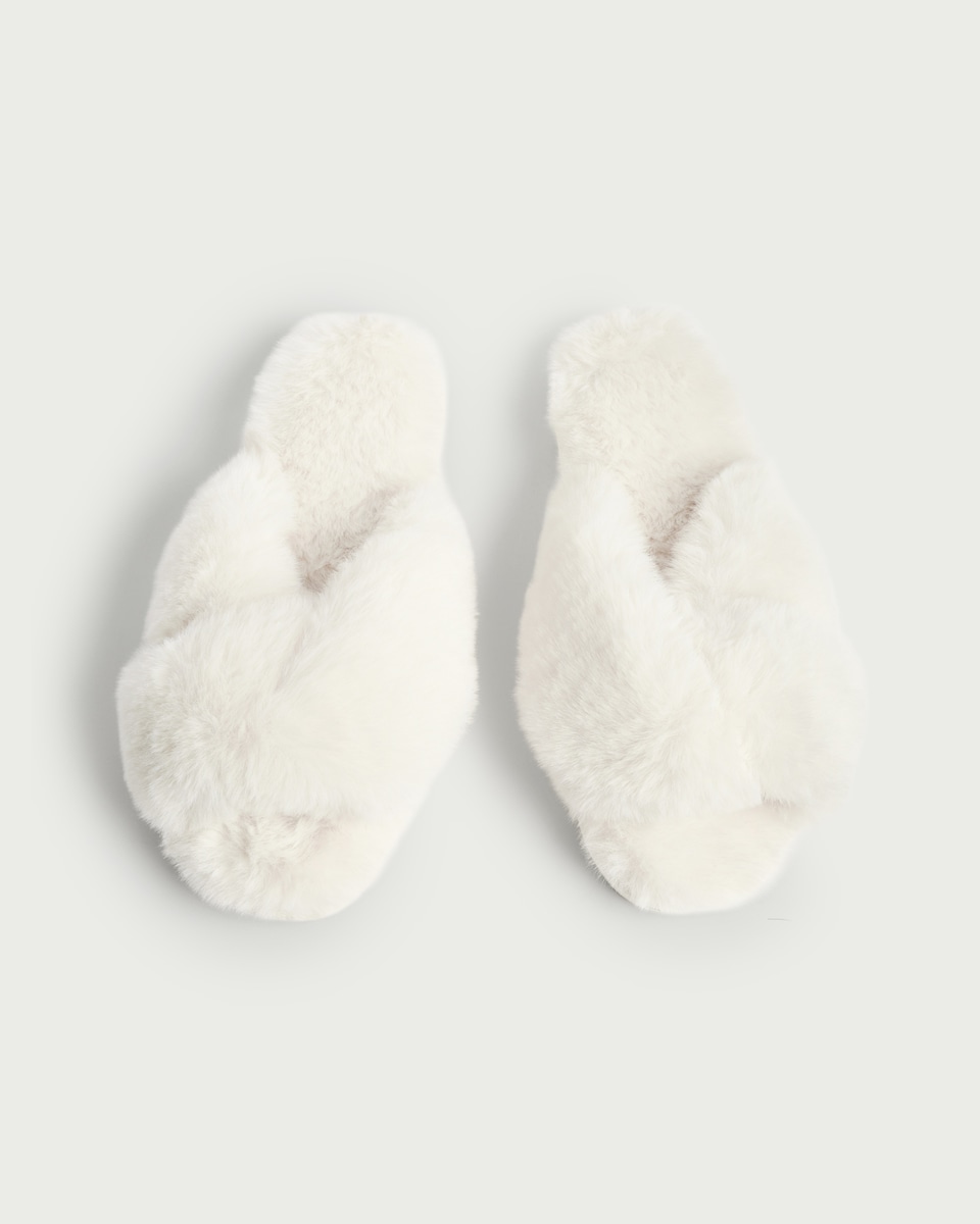 image 1 of F&F Faux Fur Crossover Slippers in Cream