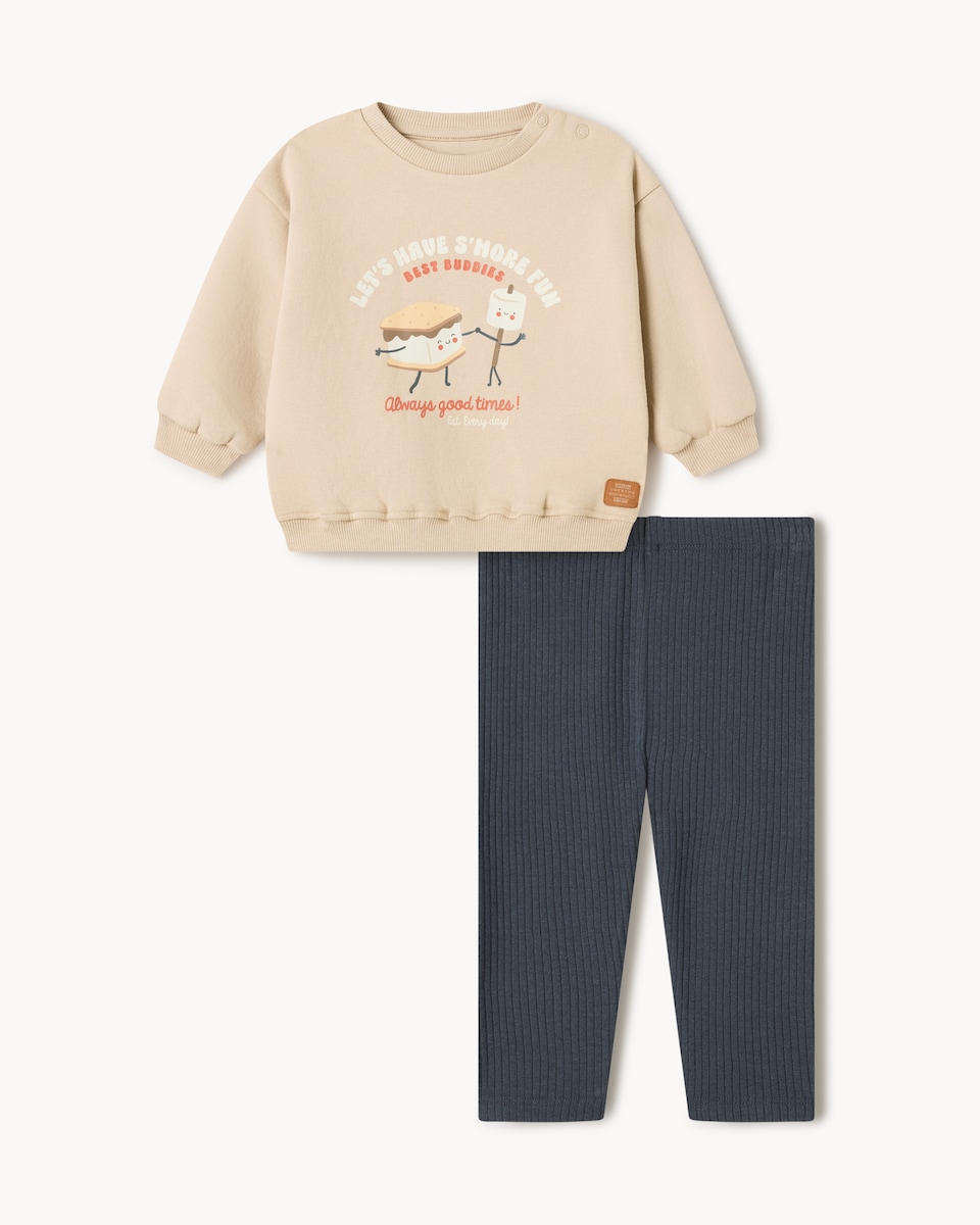image 1 of F&F Baby Cotton Rich Sweatshirt and Ribbed Leggings Set in Neutral