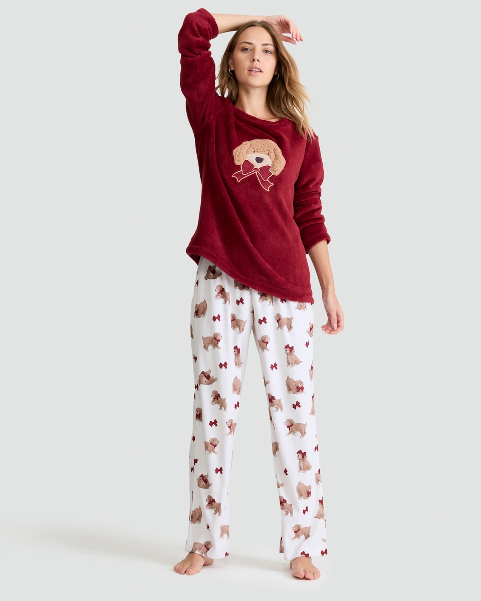 image 1 of F&F Curtis The Dog Fleece Top and Bottoms Pyjamas in Red