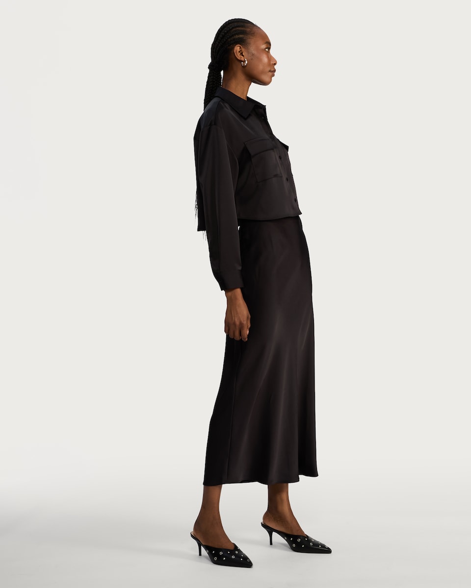 image 1 of F&F Satin Pocket Detail Cropped Button Up Shirt in Black