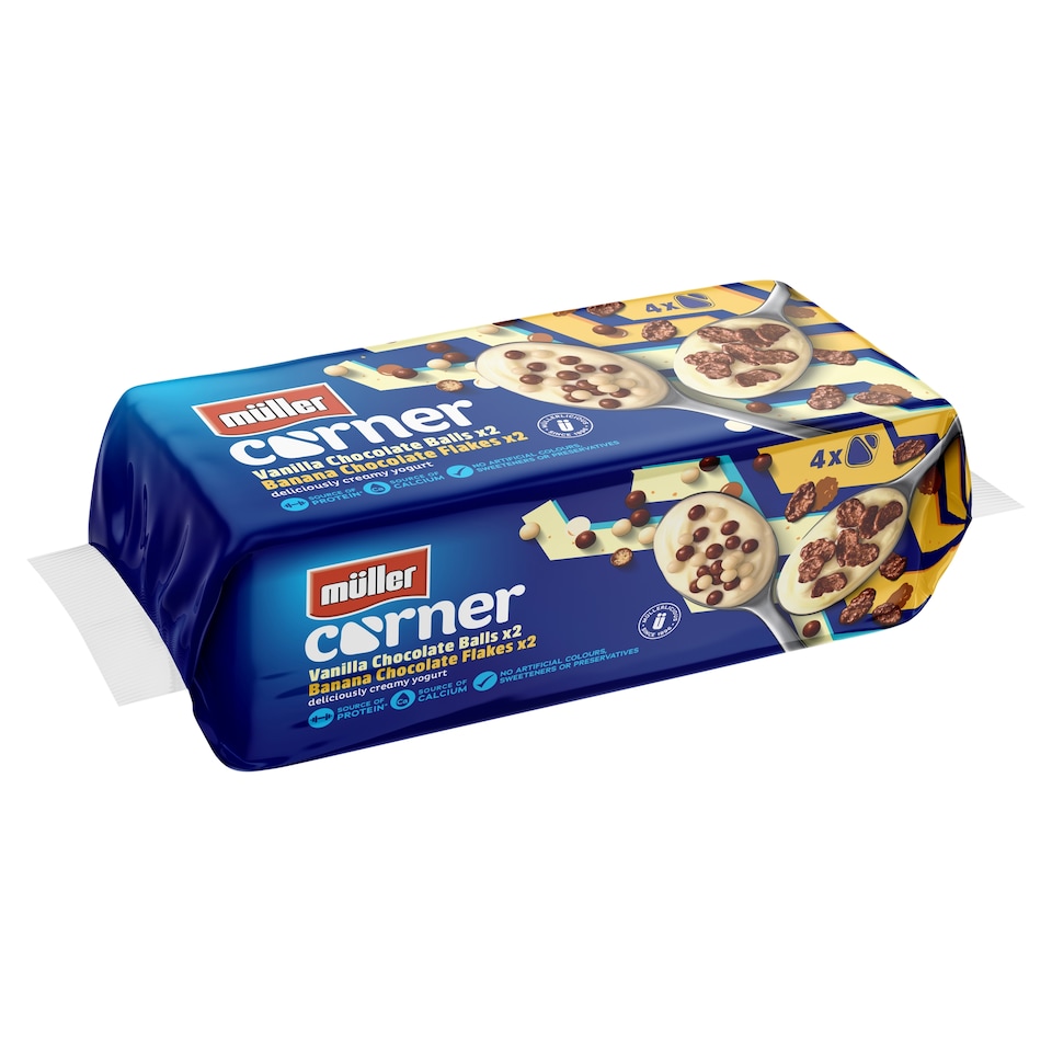 image 1 of Muller Corner Yogurt Vanilla Chocolate Balls & Banana Chocolate Flakes 4x124g