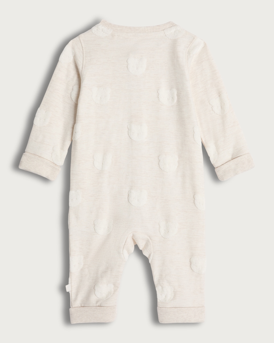 image 1 of F&F Baby Pure Cotton Textured Bear Pattern Sleepsuit in Neutral