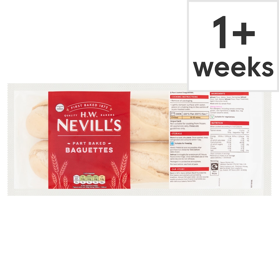 H.W. Nevill's Part Baked White Baguette 2 Pack