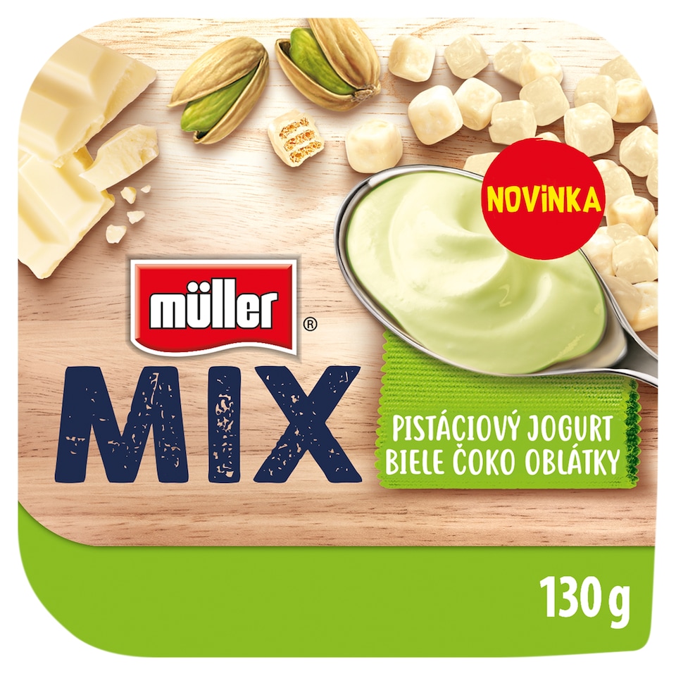 image 1 of Müller Mix Pistachio Taste Jogurt with White Chocolate Wafers 130 g