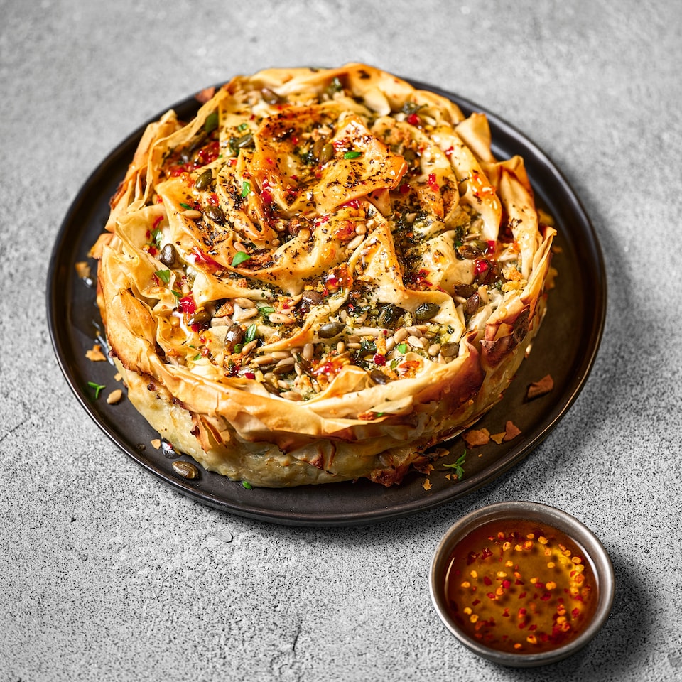 61. Tesco Finest Chef’s Collection Feta, Spinach & Celeriac Spanakopita with Hot Honey Drizzle 1kg (Serves 4)