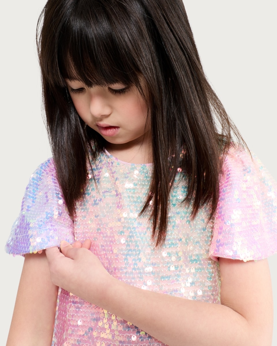 image 1 of F&F Girls Rainbow Sequin Embellished Short Sleeved Dress in Multi