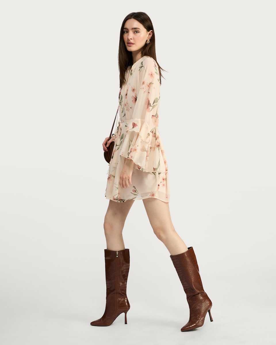 image 1 of F&F Floral Print Tie Waist Mini Dress in Cream