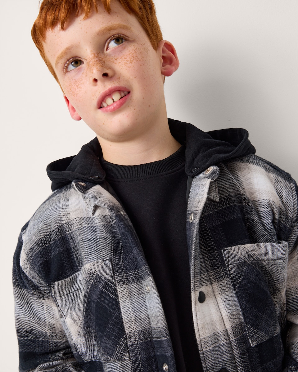 image 1 of F&F Boys Check Hooded Shirt in Black