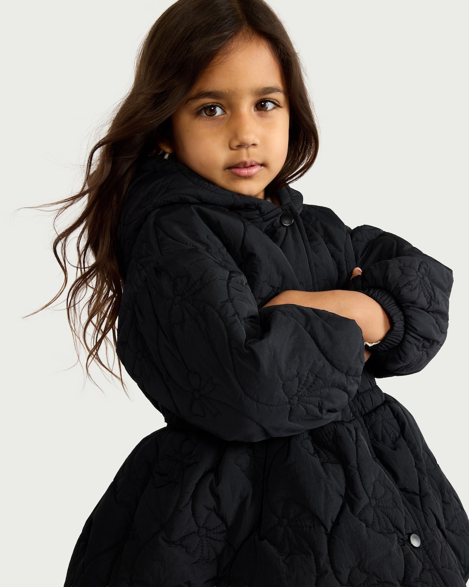 image 1 of F&F Girls Quilted Shower Resistant Coat in Black