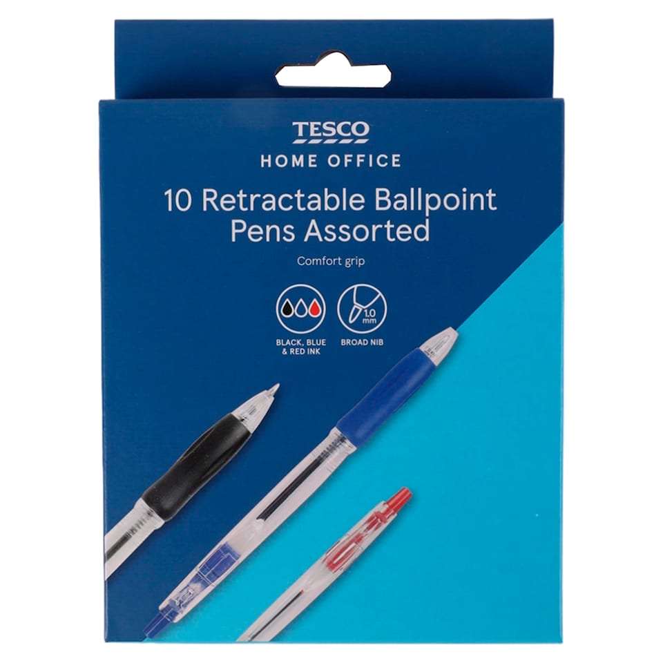 Tesco Grip Retractable Ball Pens Asstd 10 Pack