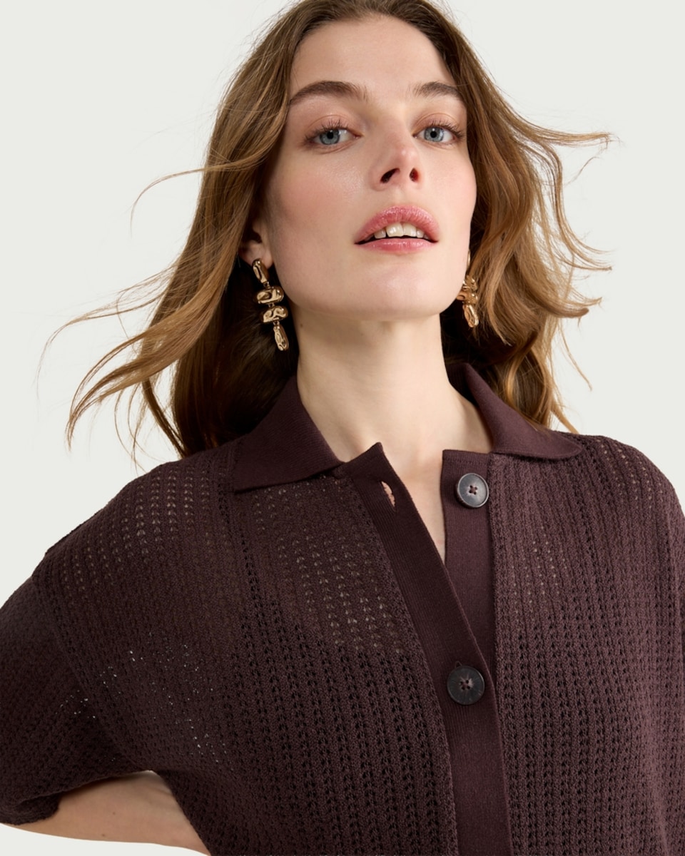 image 1 of F&F Textured Knitted Button Up Co-ord Shirt in Brown