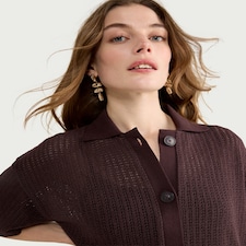 F&F Textured Knitted Button Up Co-ord Shirt in Brown