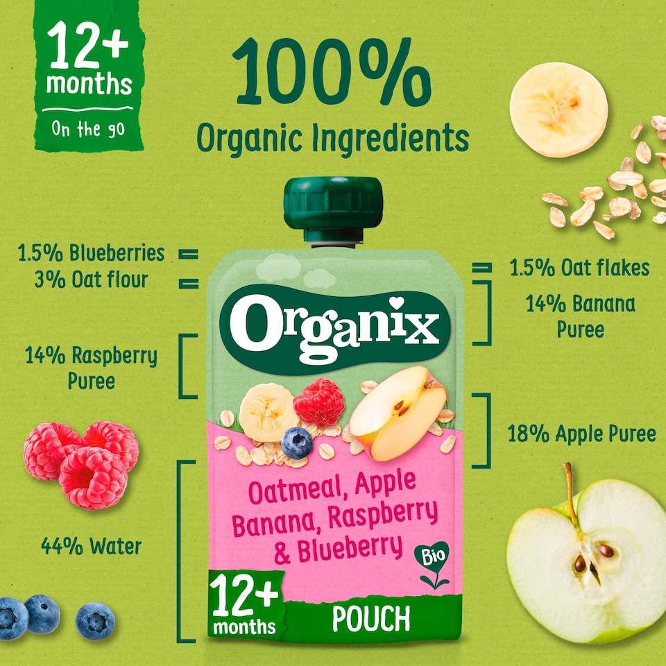 image 1 of Organix Oatmeal, Apple, Banana, Raspberry & Blueberry Pouch 100g