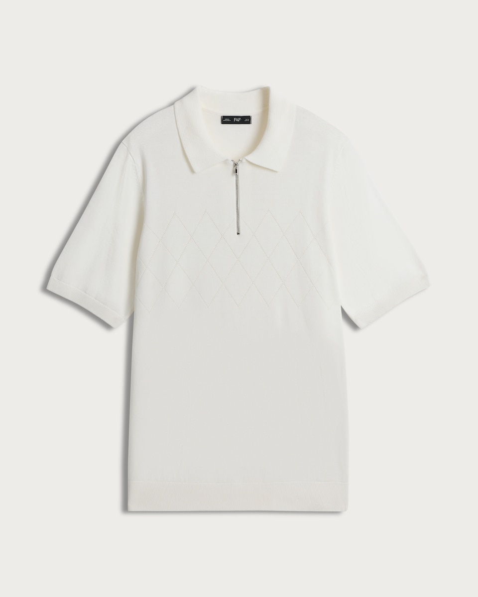 image 1 of F&F Cotton Rich Argyle Knit Polo Shirt in Cream