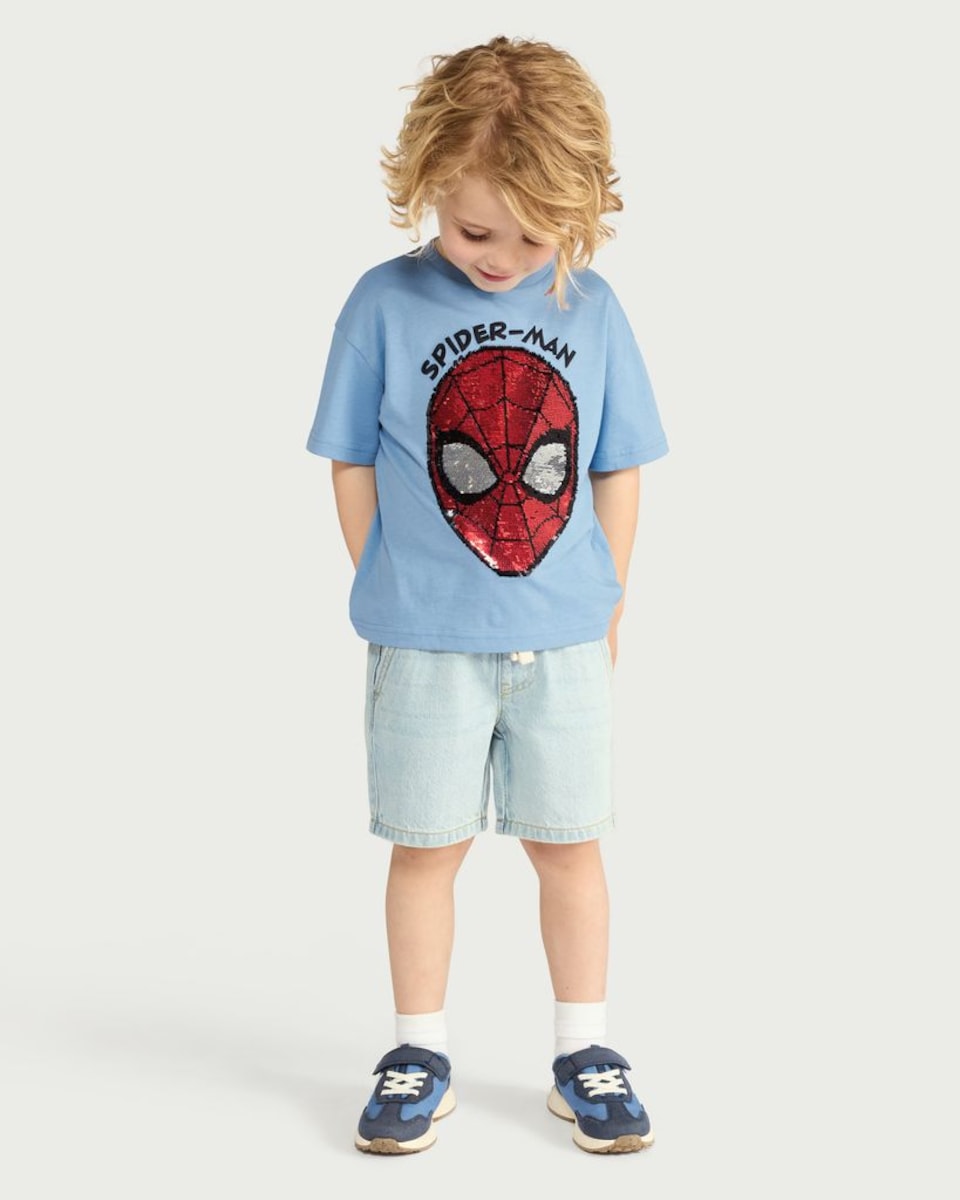 image 1 of Marvel Spider-Man Pure Cotton Sequin Embellished T-Shirt in Blue