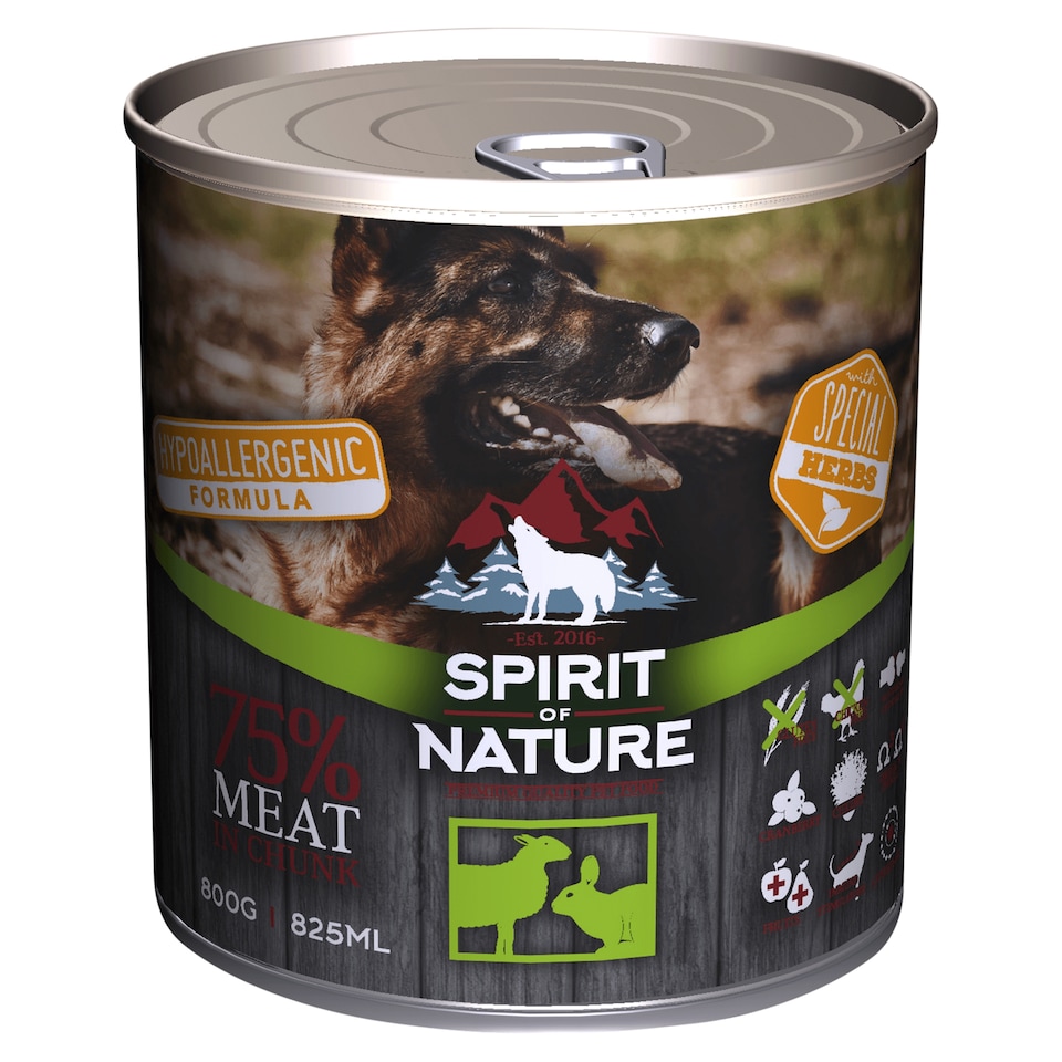 Spirit of Nature teljes értékű hipoallergén eledel felnőtt kutyáknak bárányhússal, nyúlhússal 800 g