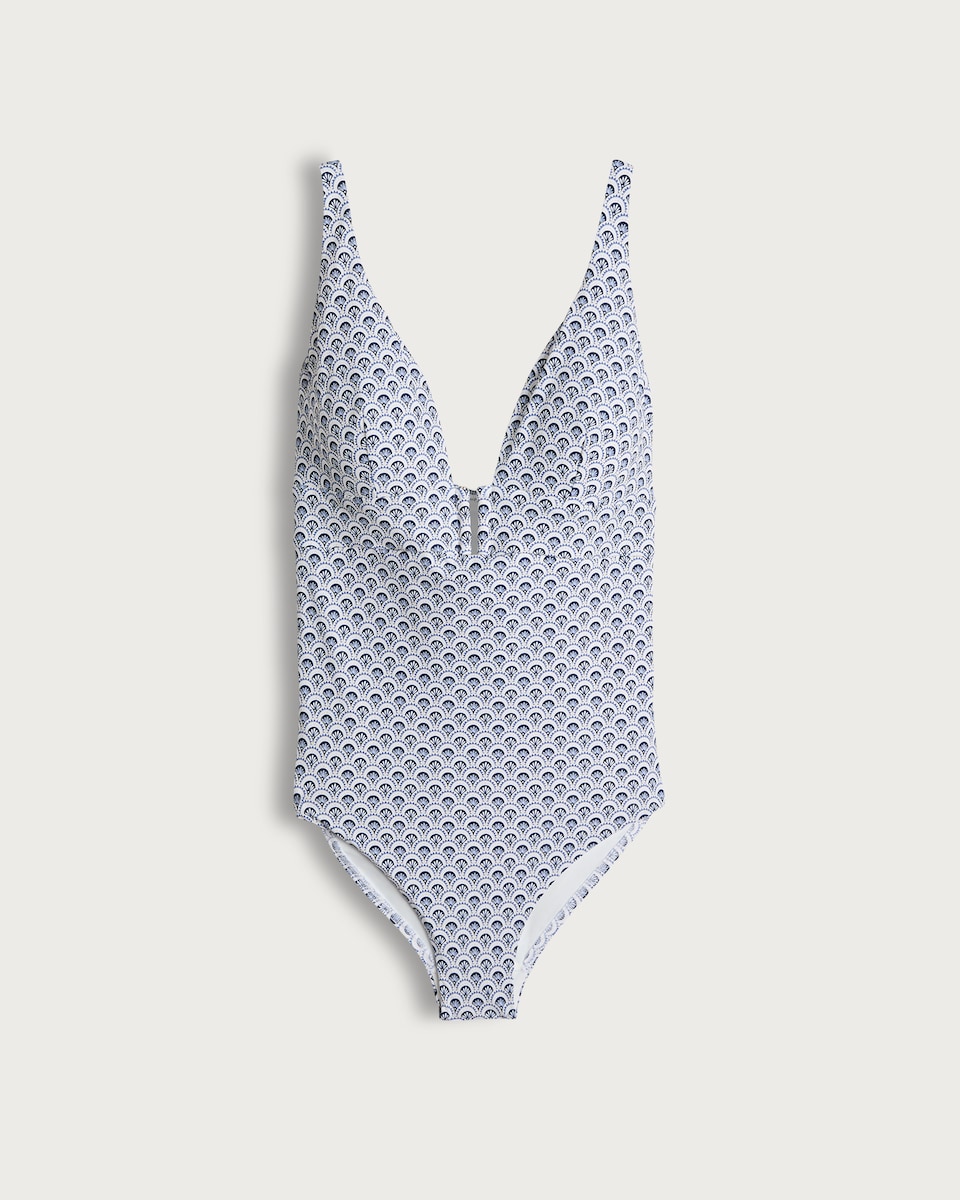 image 1 of F&F Geometric Print Plunge Swimsuit in Blue
