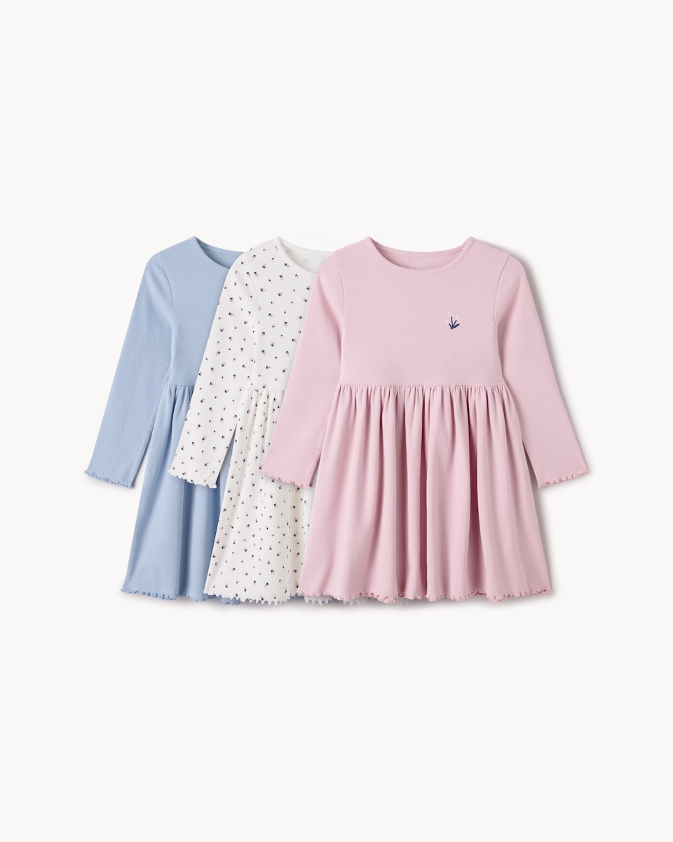 image 1 of F&F Girls 3-Pack Cotton Rich Ribbed Dresses in Multi Blue
