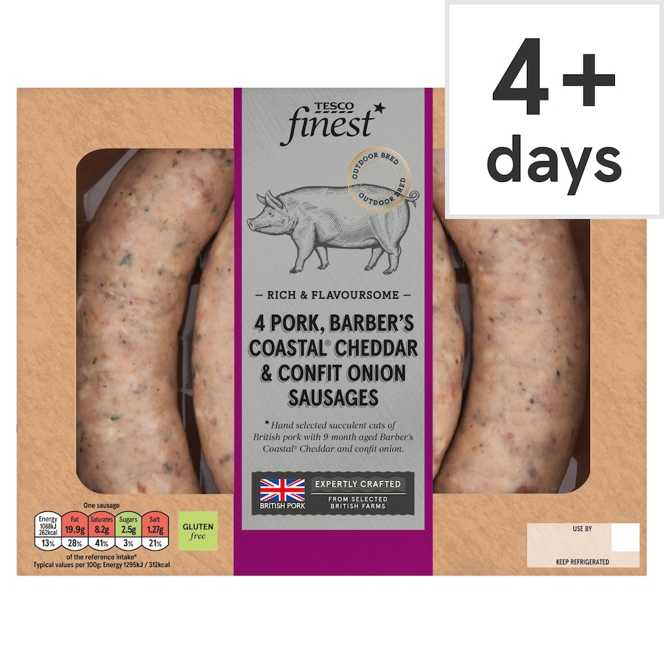 Tesco Finest 4 Pork, Coastal Cheddar & Confit Onion Sausages 440g