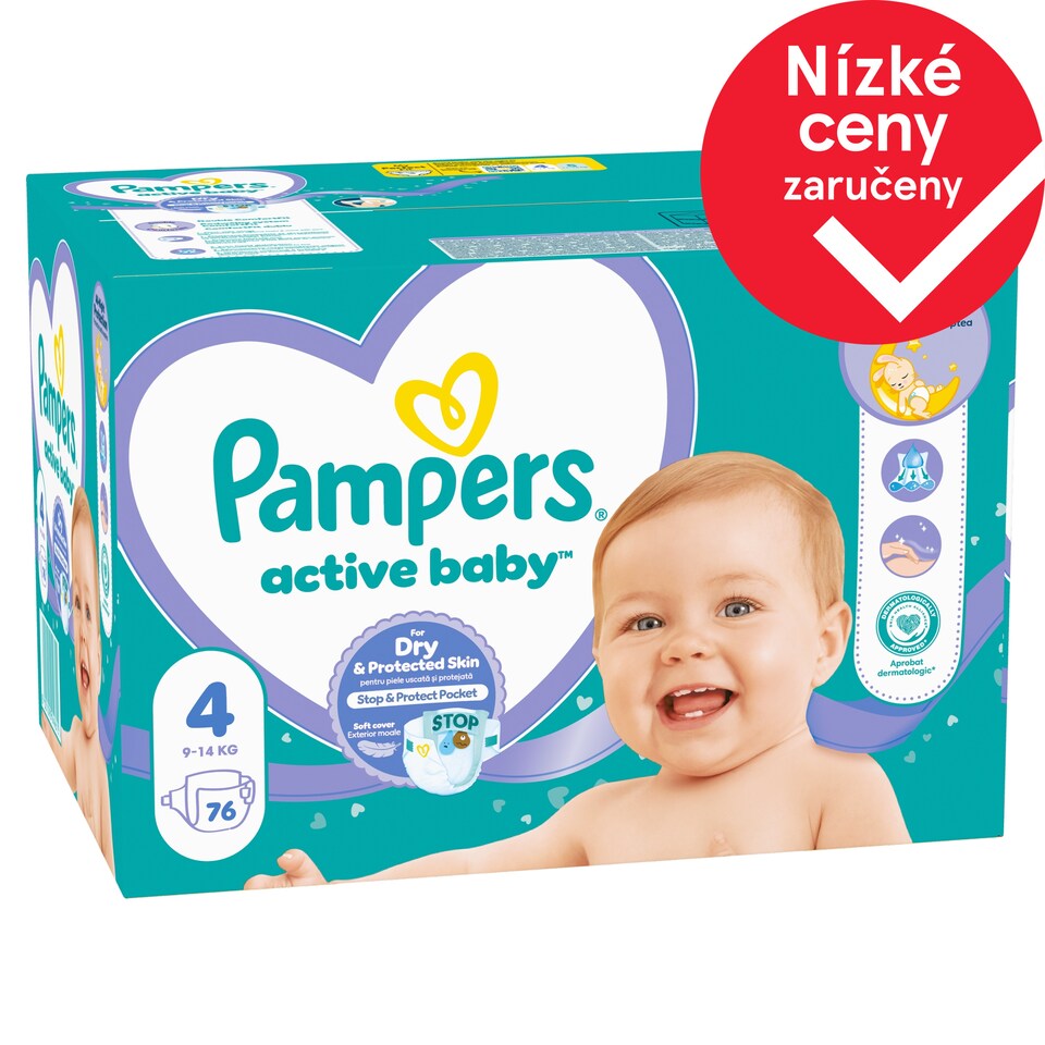 Obrázek 1 pro produkt Pampers Active Baby, Velikost 4, 76 Plenky, 9kg-14kg