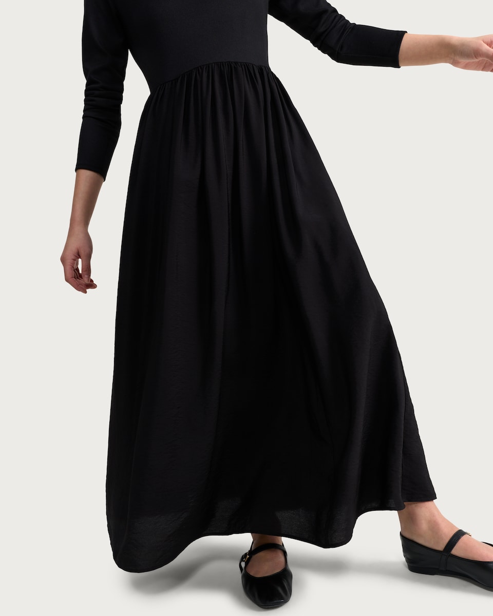 image 1 of F&F Gathered Waist Long Sleeved Midi Dress in Black