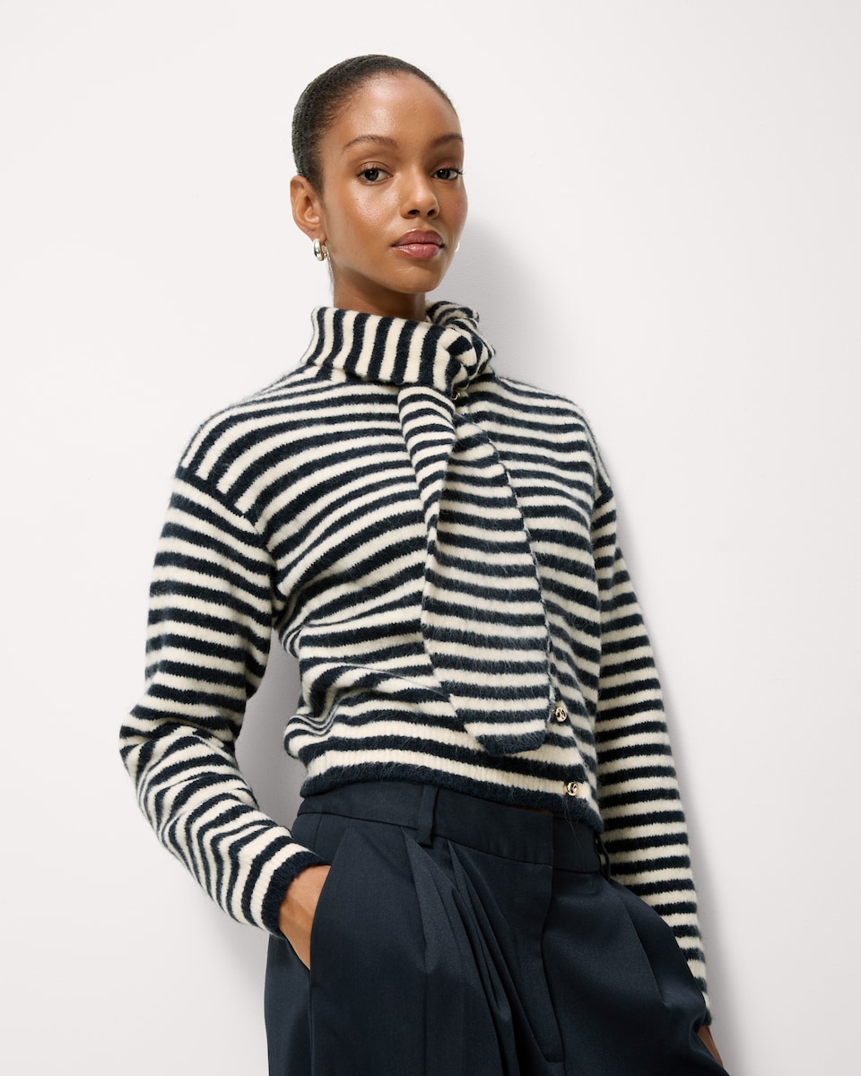 image 1 of F&F Striped Scarf Neck Cardigan  in Navy