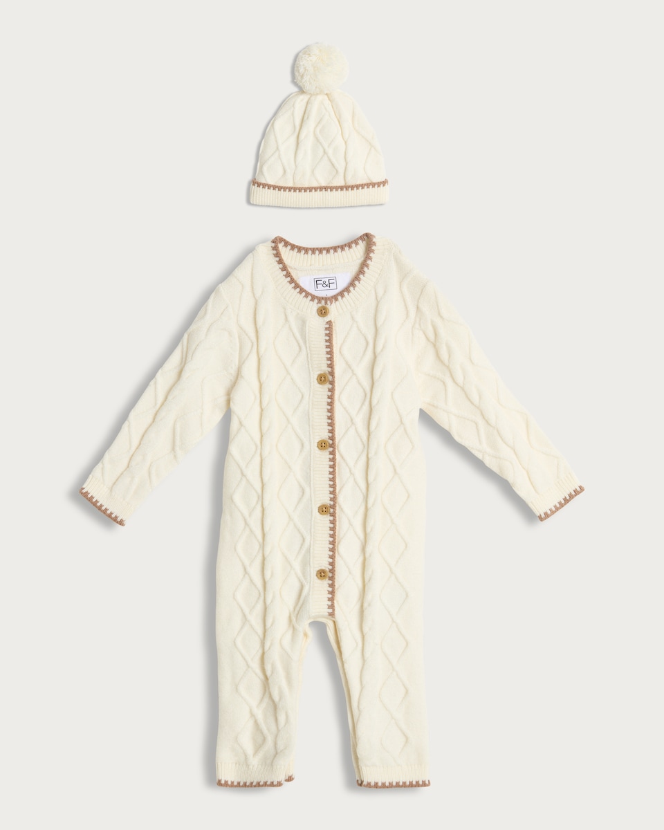 image 1 of F&F x Samantha Faiers 2-Piece Cable Knit Romper and Hat Set in Stone