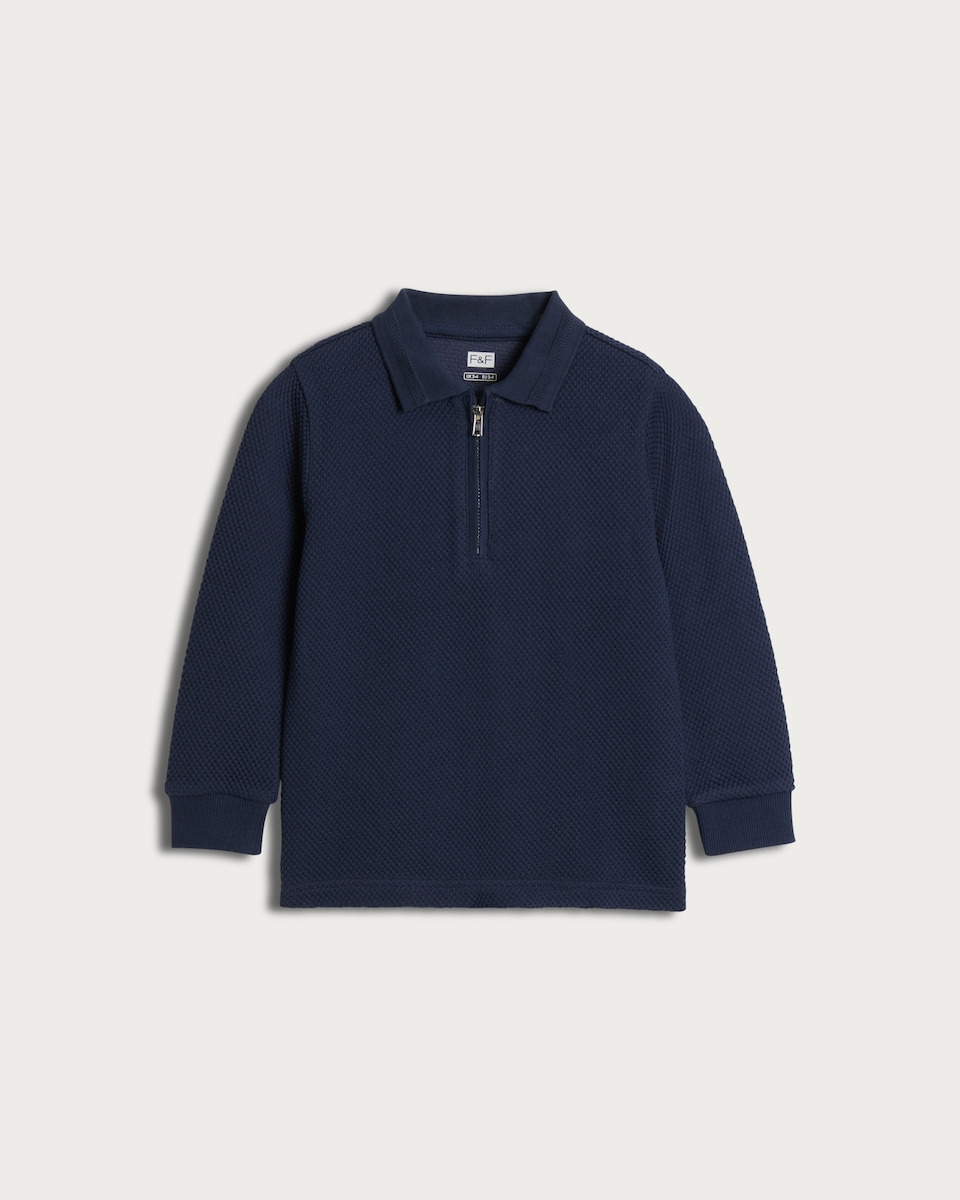 image 1 of F&F Boys Cotton Blend Textured Half Zip Polo Top in Navy
