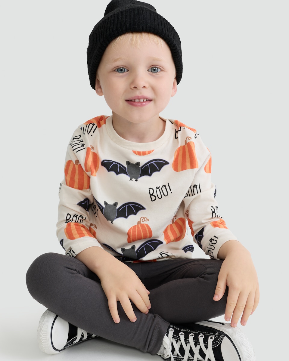 image 1 of F&F Boys Cotton Rich Bat and Pumpkin Print Top and Leggings Set in Cream
