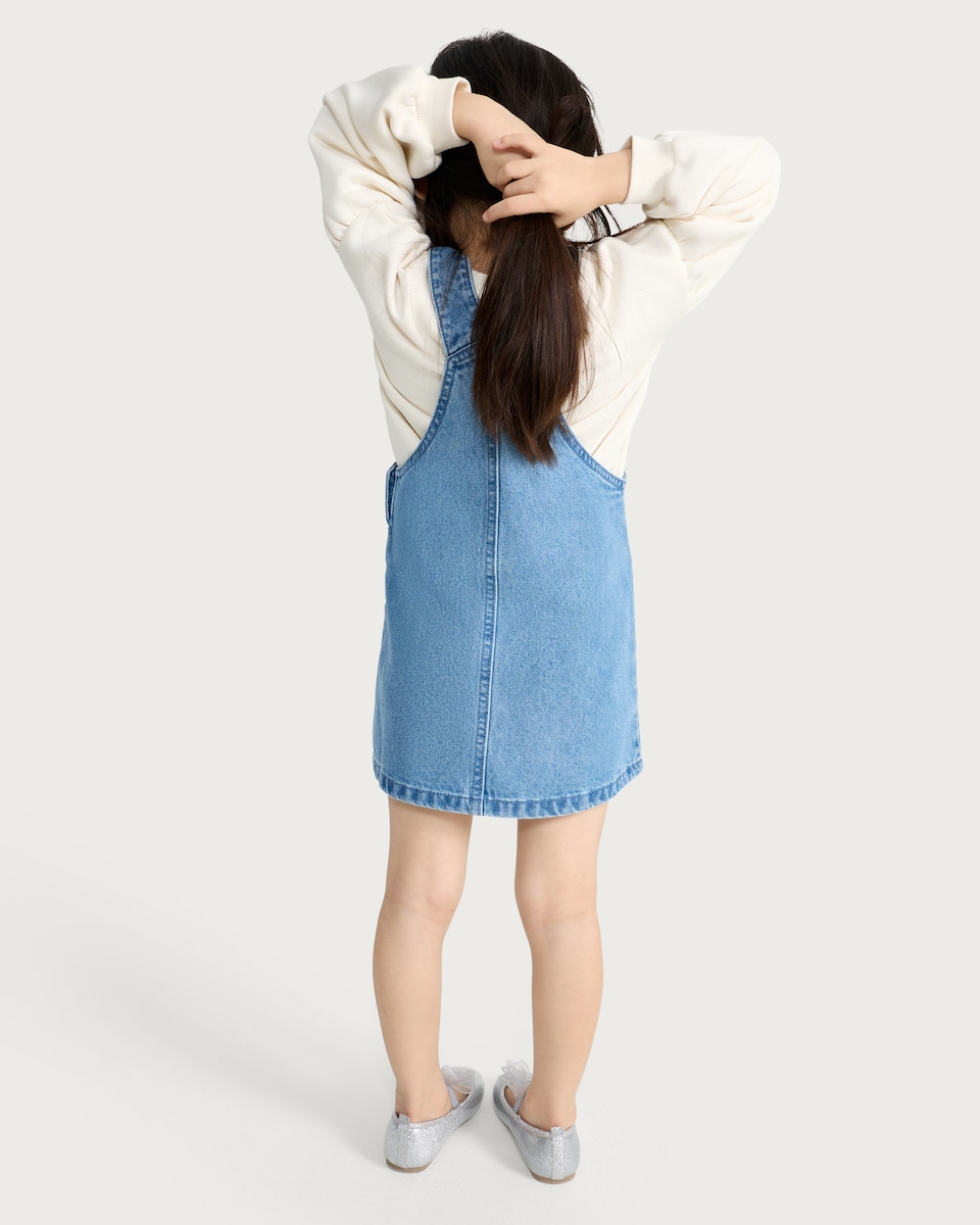 image 1 of F&F Girls 2-Piece Cotton Rich Embroidered Pocket Pinafore and Sweatshirt in Blue