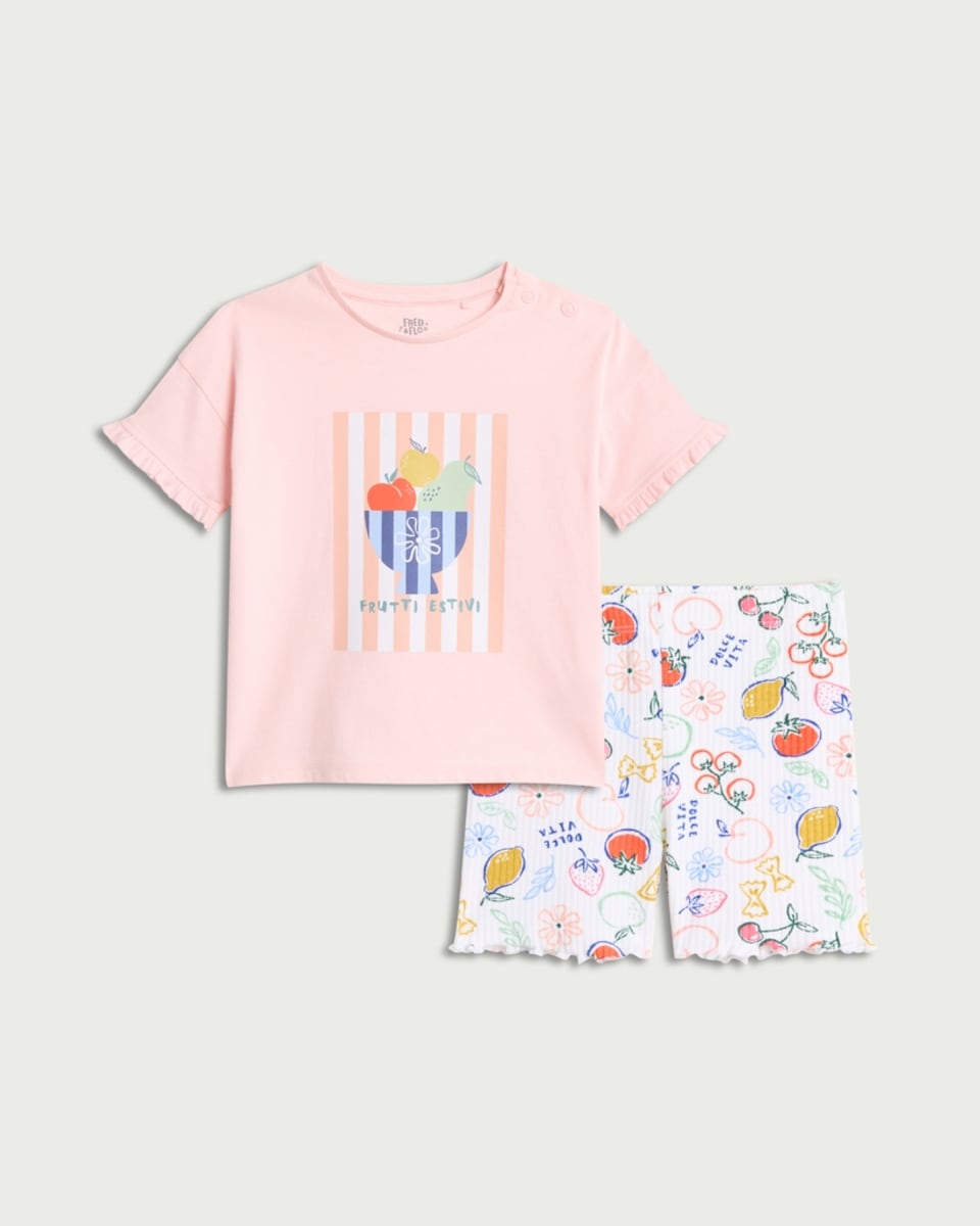image 1 of F&F Baby 2-Piece Cotton Rich Fruit Print T-Shirt and Shorts Set in Pink