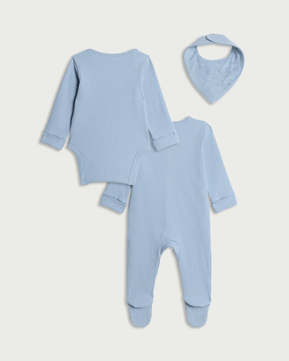 image 1 of F&F Baby 3-Piece Ribbed Sleepsuit, Bodysuit and Bib Set in Blue