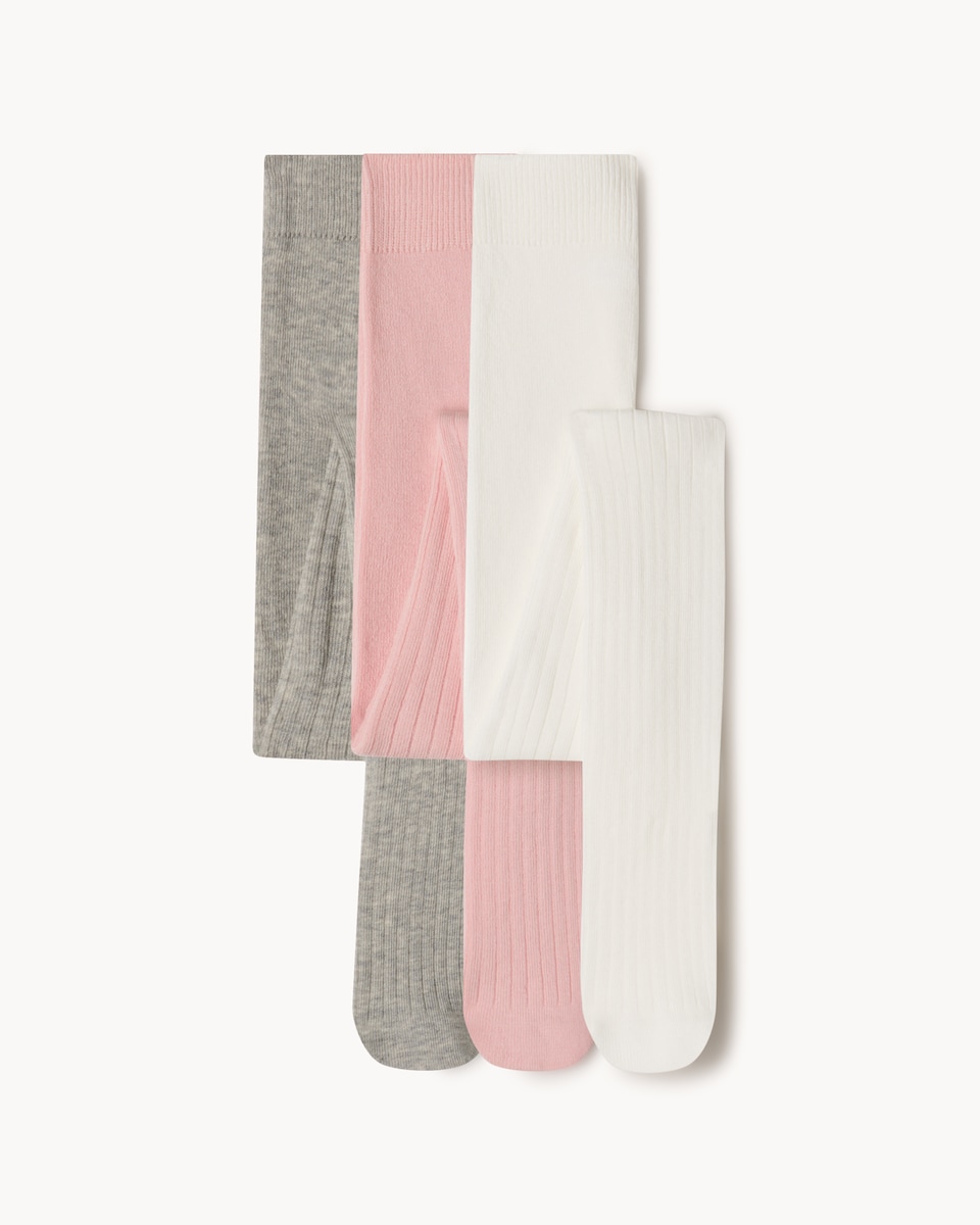 F&F Girls 3-Pack Cotton Blend Ribbed Tights in Multi