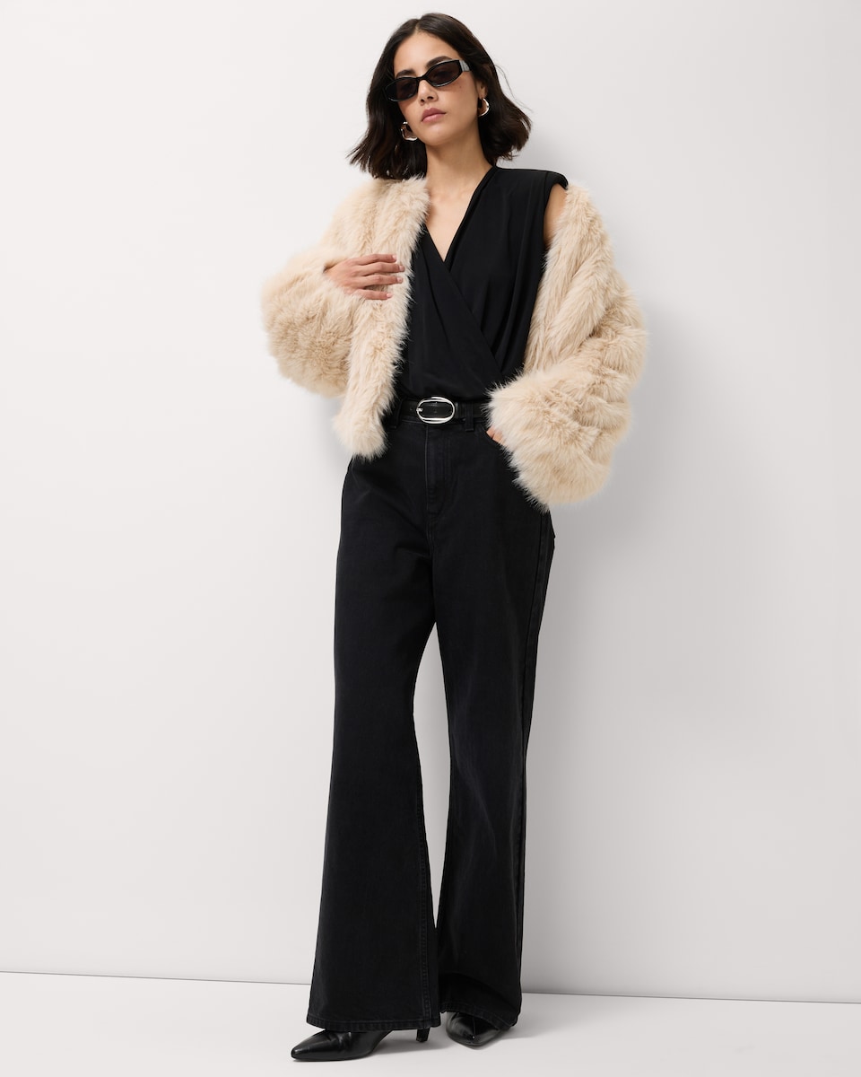 image 1 of F&F Mesh Draped Shoulder Pad Bodysuit in Black