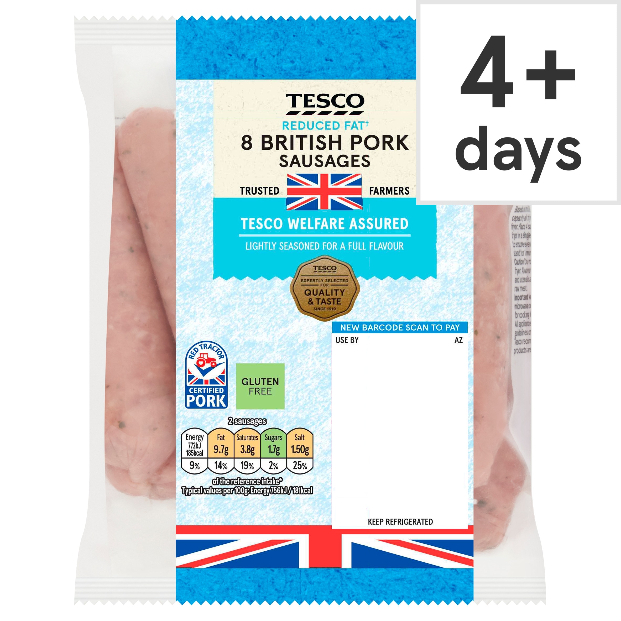Tesco 8 Reduced Fat Pork Sausages 454G