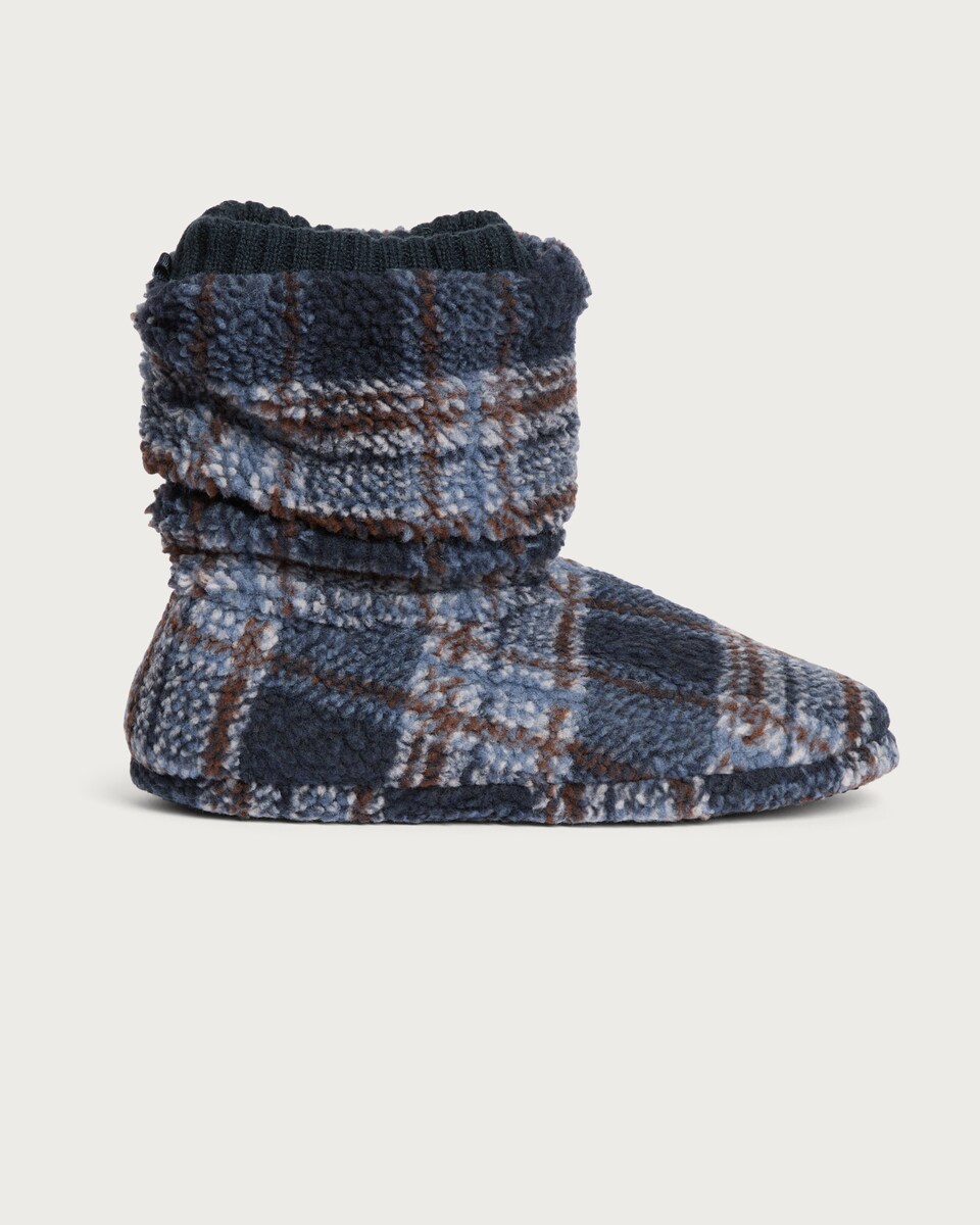 image 1 of F&F Fleece Check Print Boot Slippers in Navy