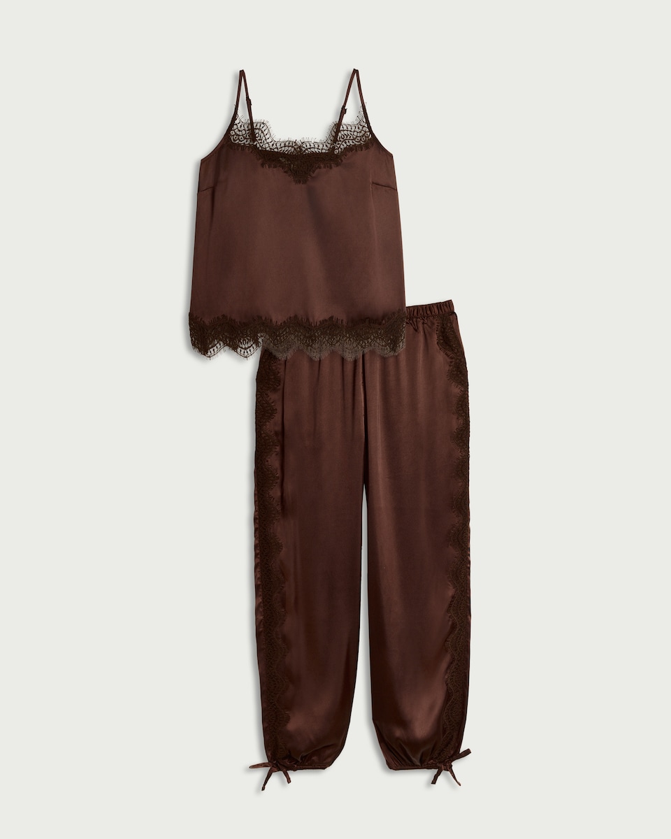 image 1 of F&F Satin Lace Trim Pyjama Set in Chocolate