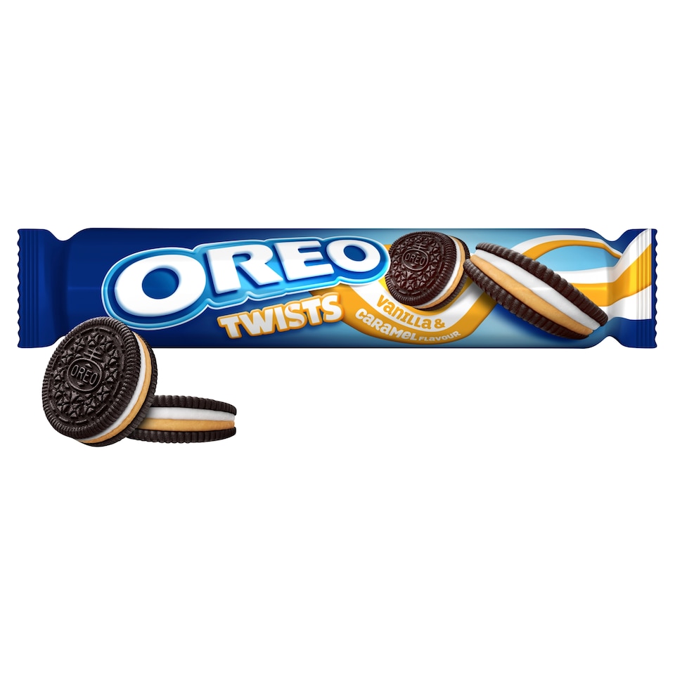 image 1 of OREO Twists Vanilla & Caramel Cookie Sandwich Biscuits 157G