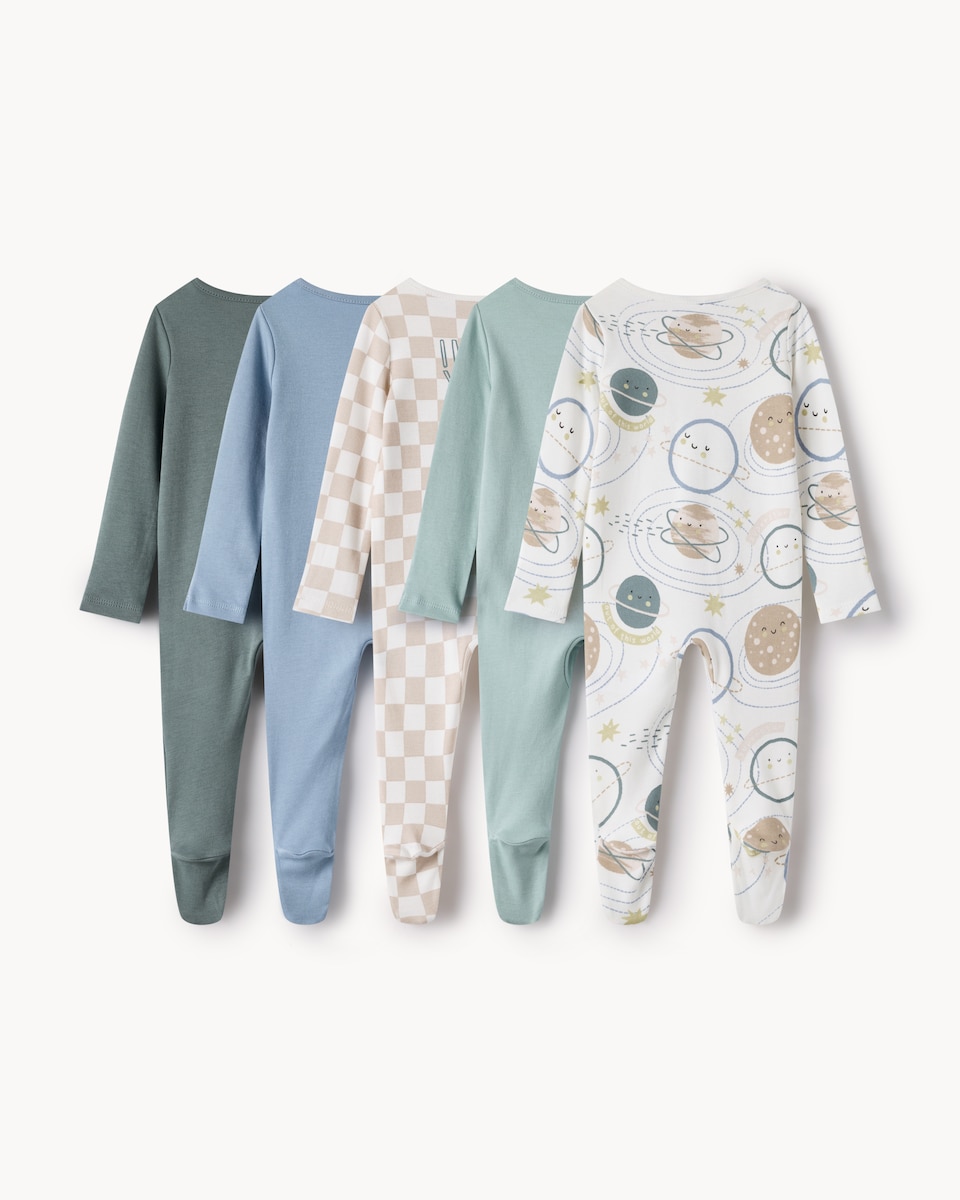 image 1 of F&F Baby 5-Pack Pure Cotton Printed Sleepsuits in Mint