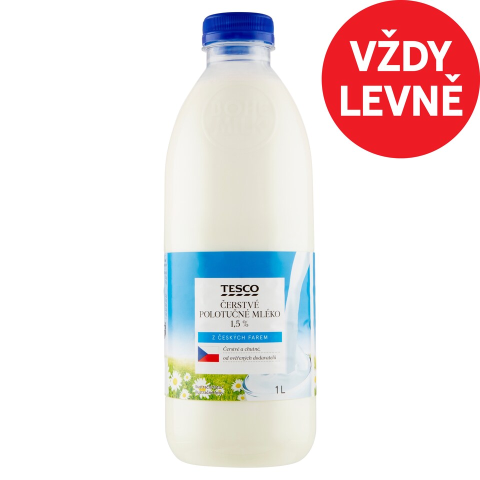 Tesco Čerstvé polotučné mléko 1,5% 1l