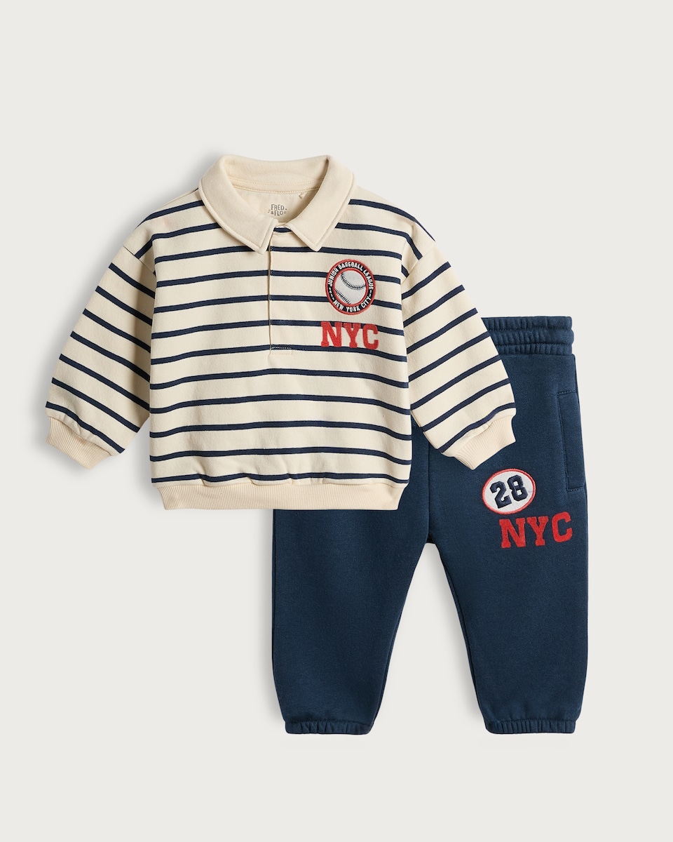 image 1 of F&F Baby 2-Piece Cotton Rich NYC Baseball Polo Sweatshirt and Joggers Set in White