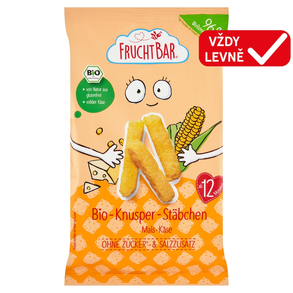 Obrázek 1 pro produkt FruchtBar Bio kukuřičné křupky se sýrem nesolené 30g