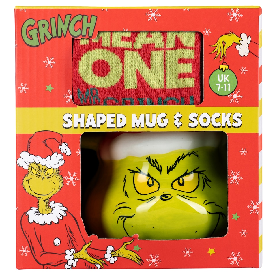 image 1 of The Grinch Shaped Mug & Socks Christmas Gift Set