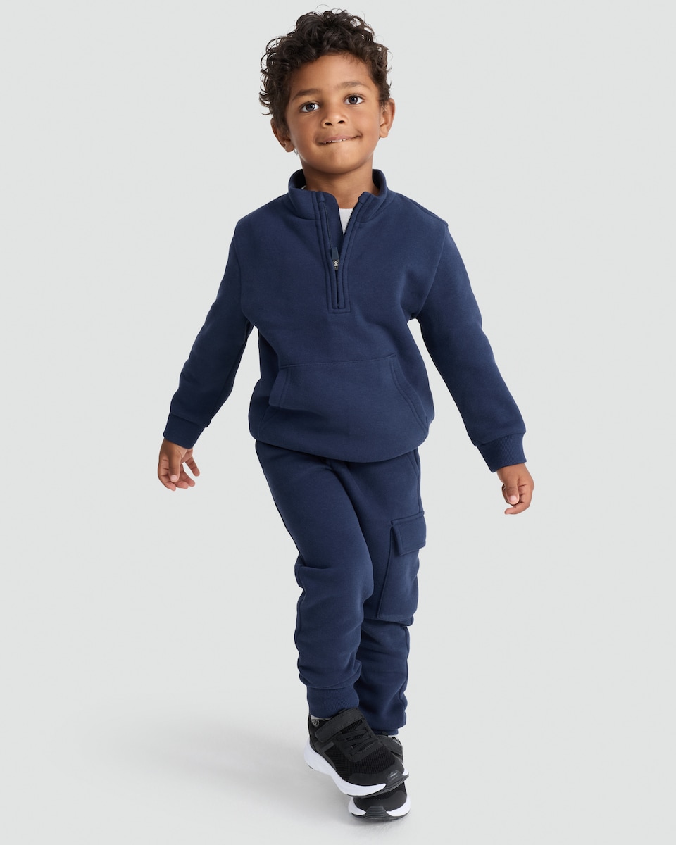 image 1 of F&F Boys Cotton Rich Pocket Front Half Zip Sweatshirt in Blue
