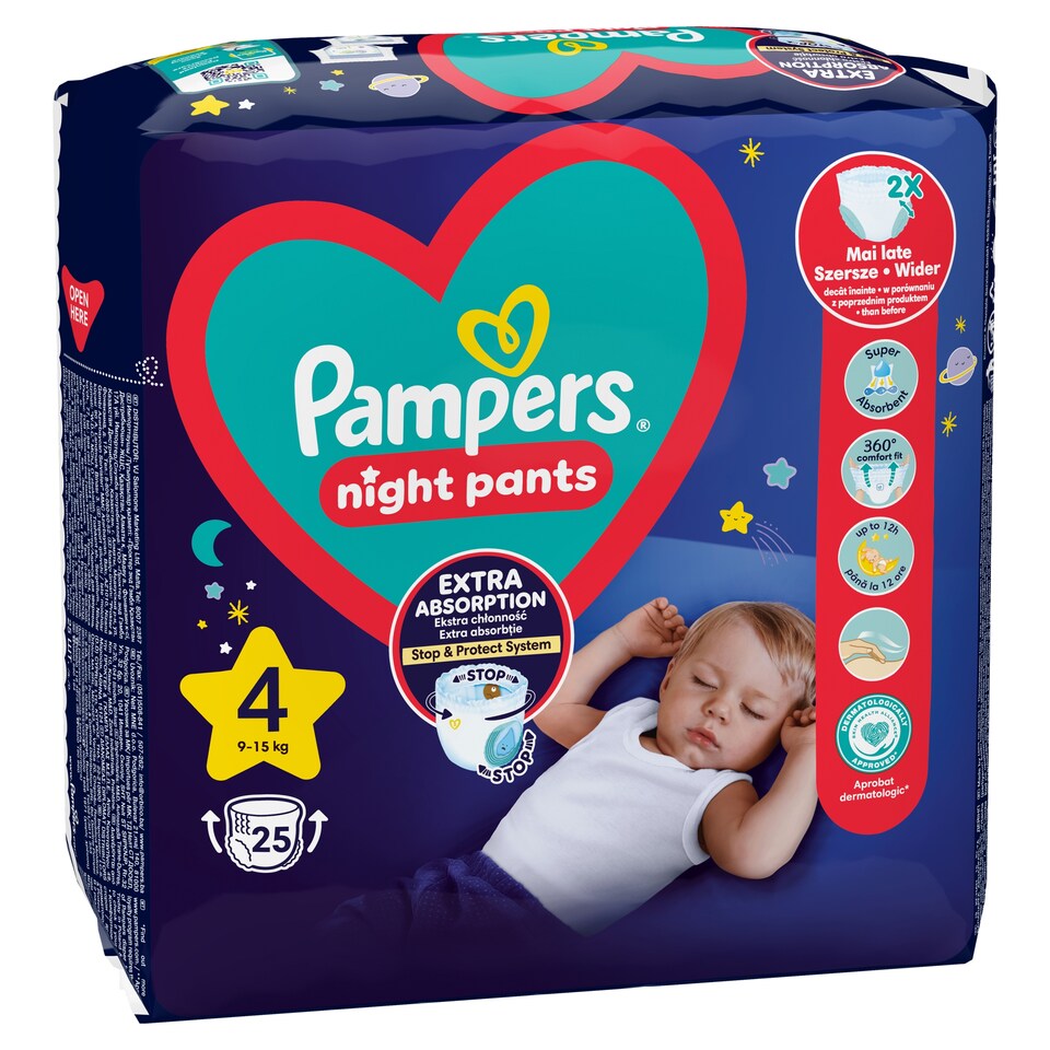 Obrázek 1 pro produkt Plenkové Kalhotky Pampers Pants Night Velikost 4, 25 Kusů, 9kg-15kg