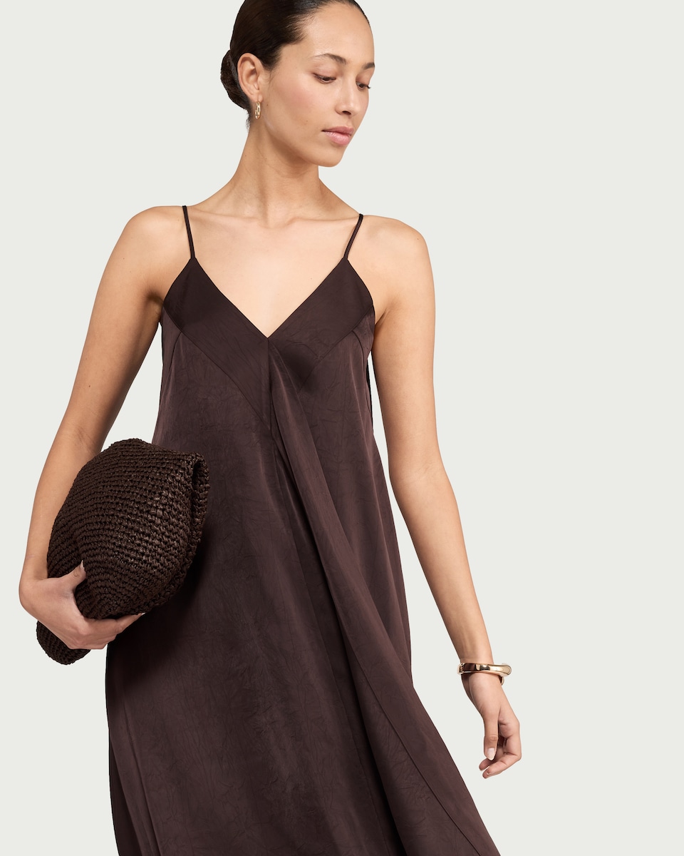 image 1 of F&F V Neck Hanky Hem Dress in Brown